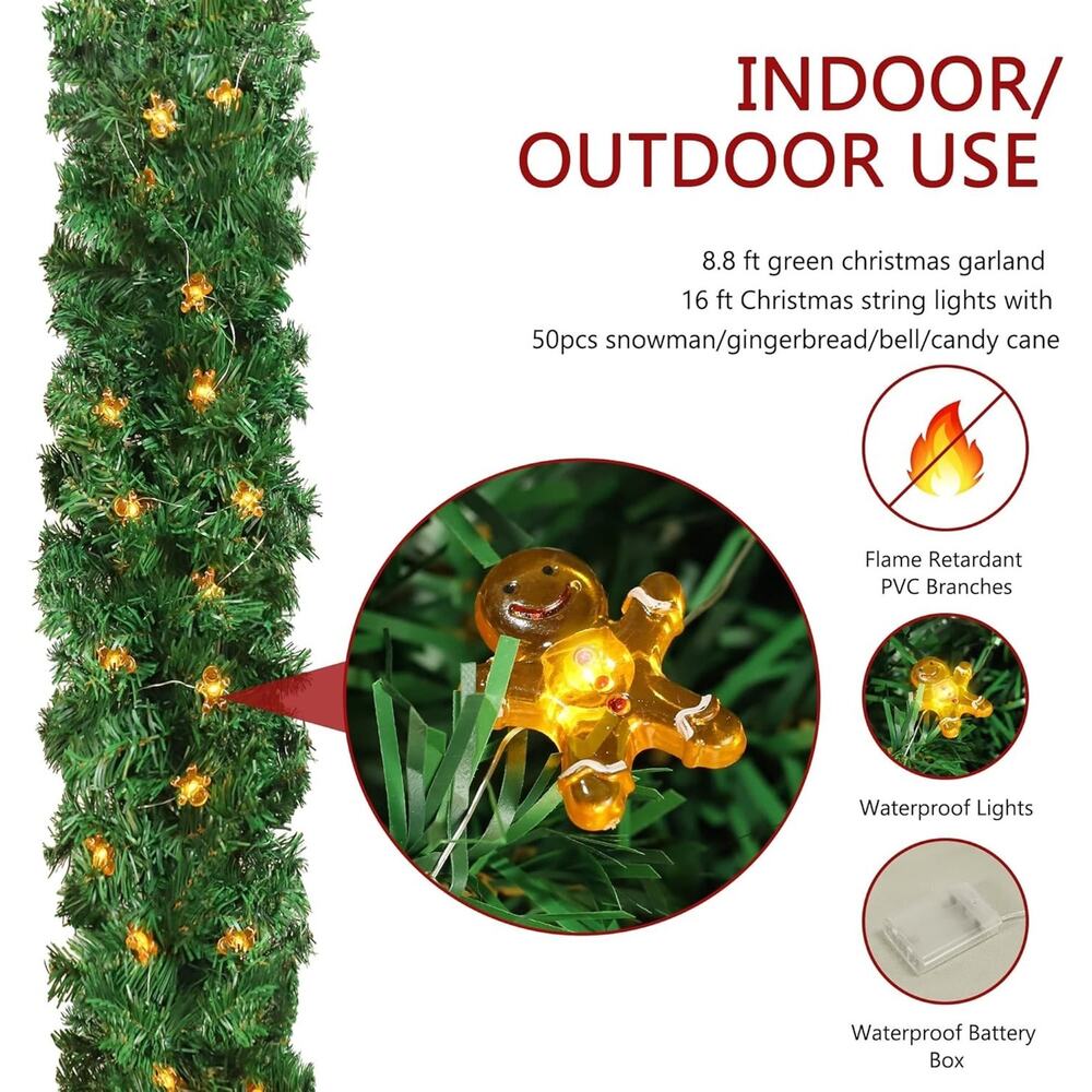 Christmas Garland with Lights, 9FT Artificial Pine with 50 Gingerbread Men - Picture 3 of 7